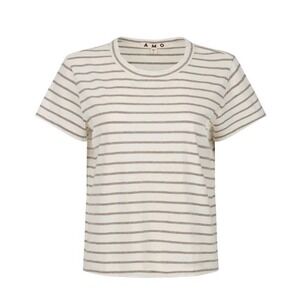 Amo Lovey Tee Shirt Women's Size XS Natural/Haze Striped Distressed Neckline/Hem